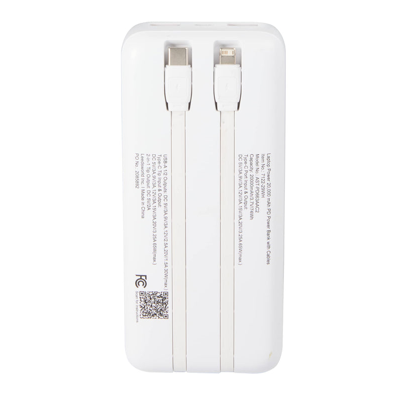 Laptop Power 20,000 mAh PD Power Bank with Integrated Cables